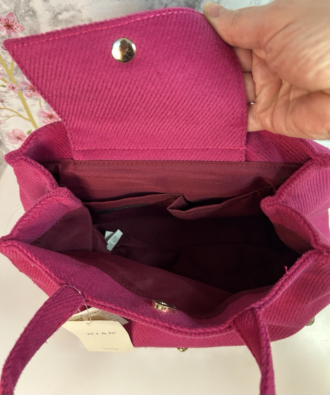 NWT Mian Purse / Tote Bag Hot Pink Brushed Fabric With Rhinestone Embellishments