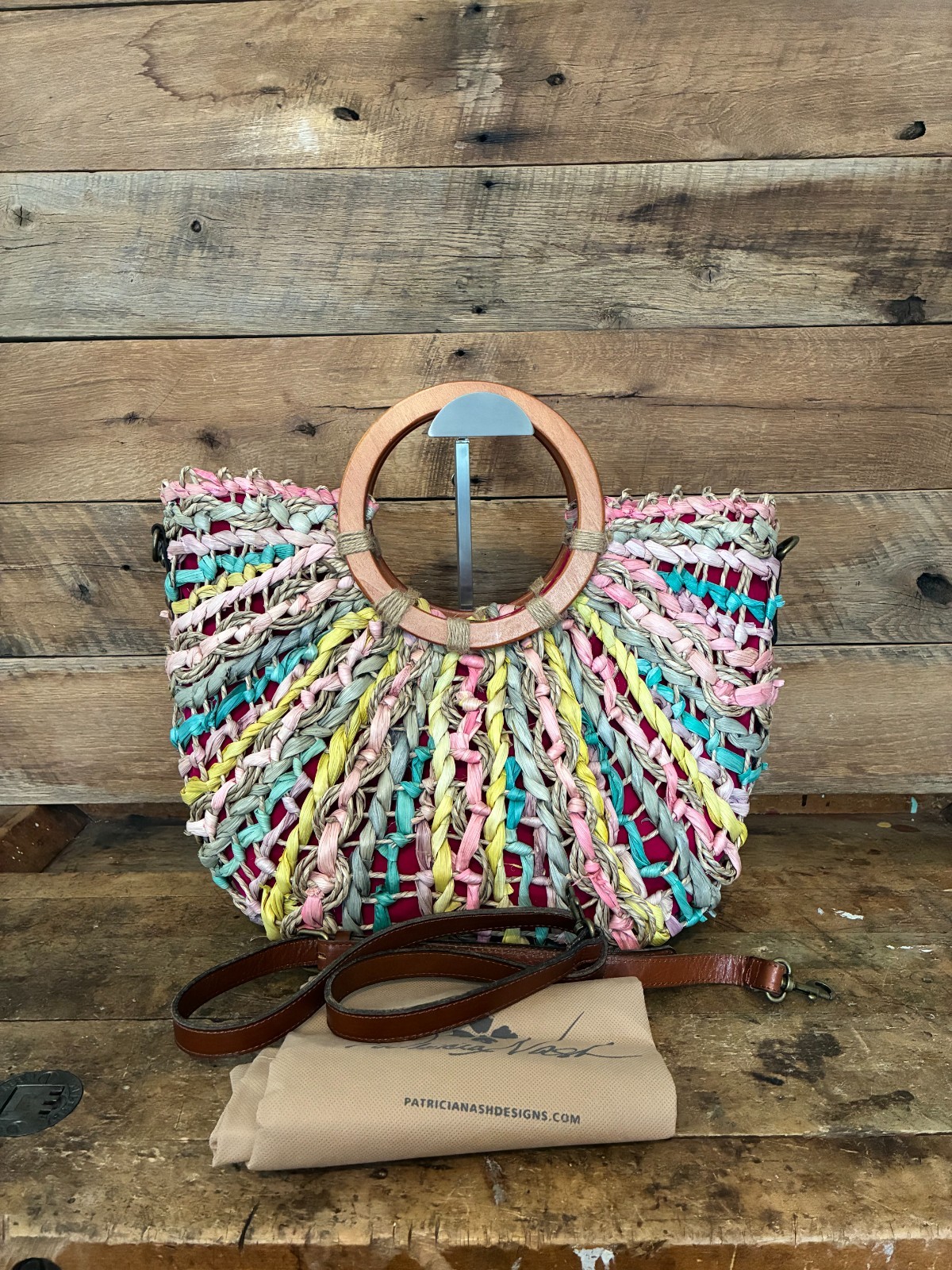 Patricia Nash Specialty Woven Lesa Natural Pastel Straw Satchel-NWT