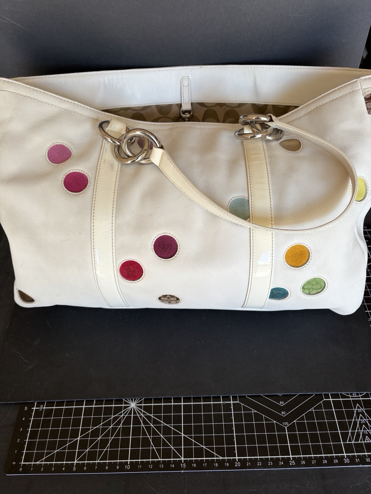 Coach Limited Edition Polka Dot Bag White Leather With Canvas Dots