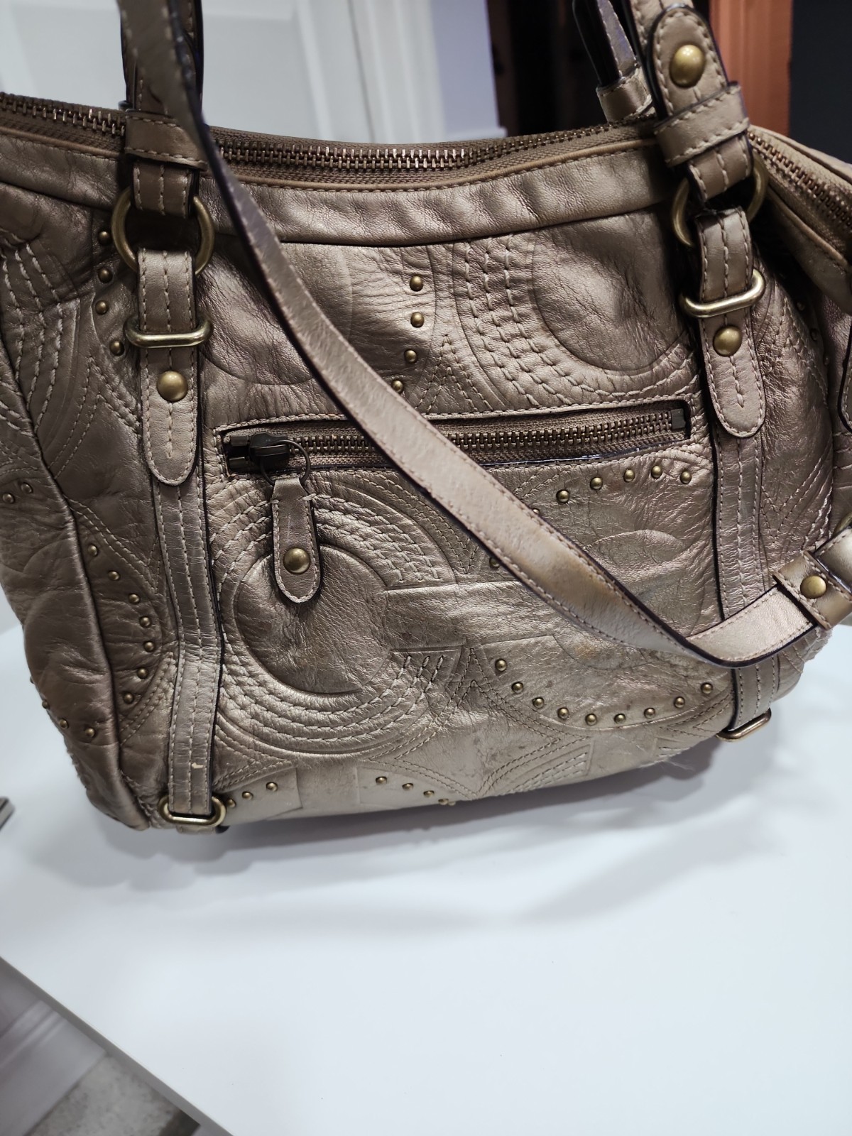 Auth COACH 15276 Embossed Studded Leather Alex Satchel Bag Bronze Metallic EUC 2