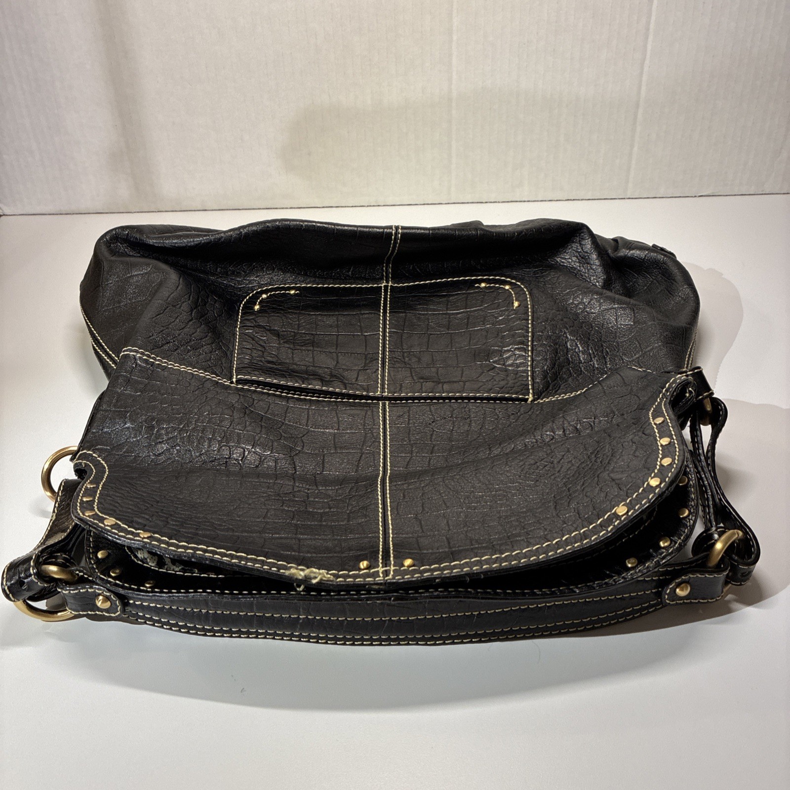 Maxx New York Black Leather Croc Slouchy Chunky Hardware Studded Shoulder Bag