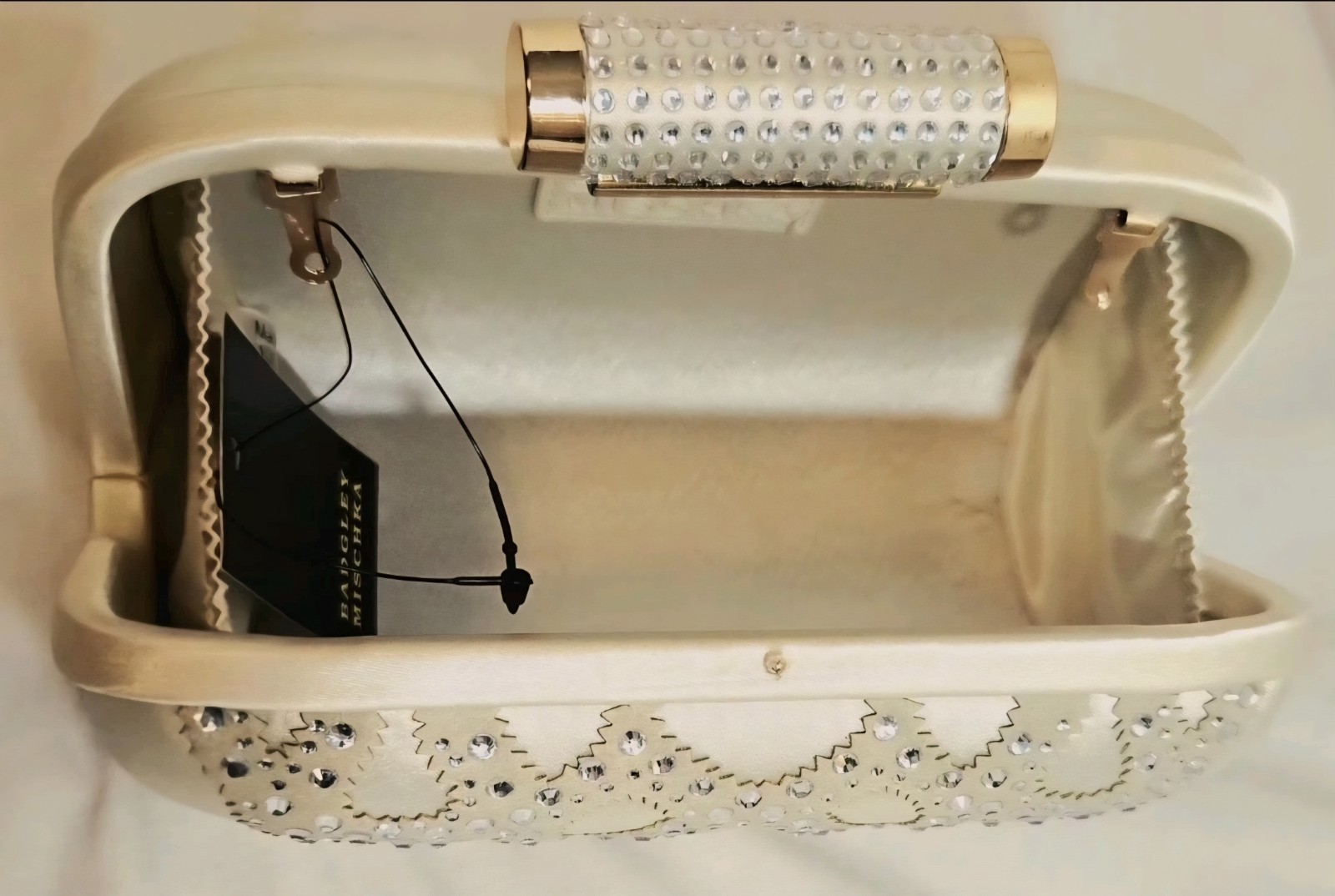 Badgley Mischka Ivory Satin Rhinestone Bridal Wedding Evening Box Clutch
