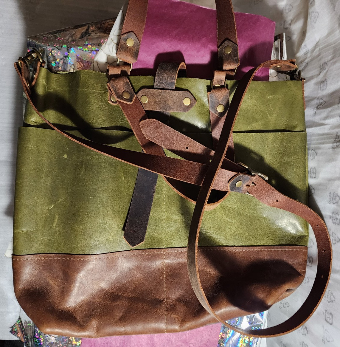 Artisan Leather Unlined Handbag Messenger Tote Shoulder Crossbody Olive Brown