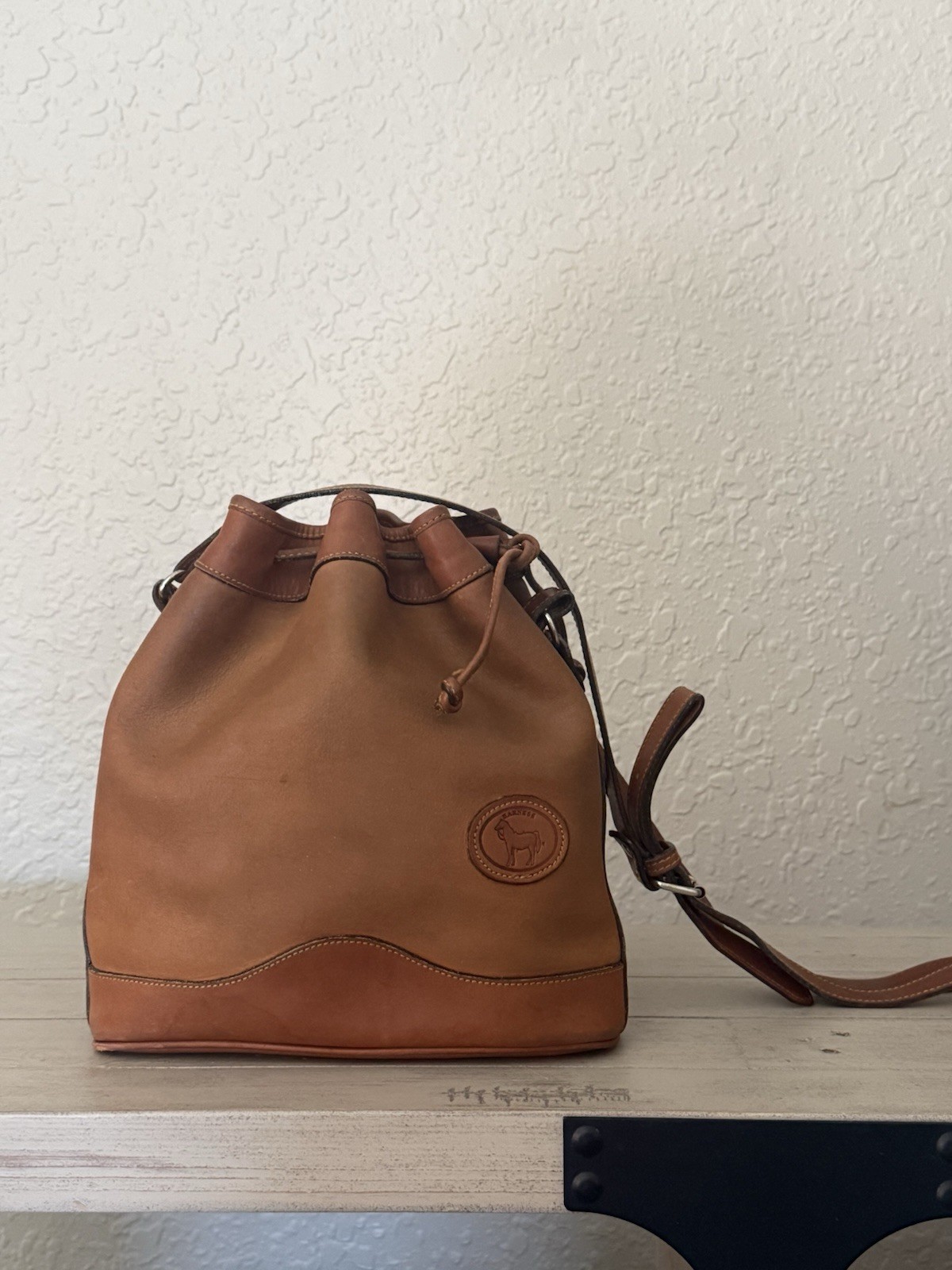 Vintage Harness Leather Drawstring Bucket Bag – Rustic Cognac Leather Crossbody