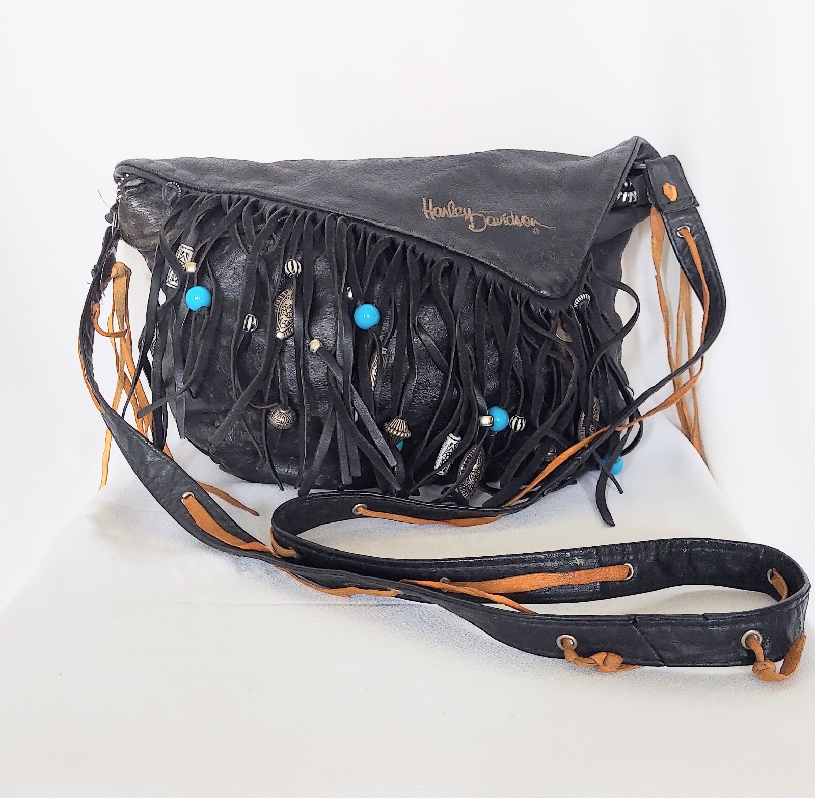Harley Davidson Beaded Fringed Leather Shoulder Bag Purse Black Vintage
