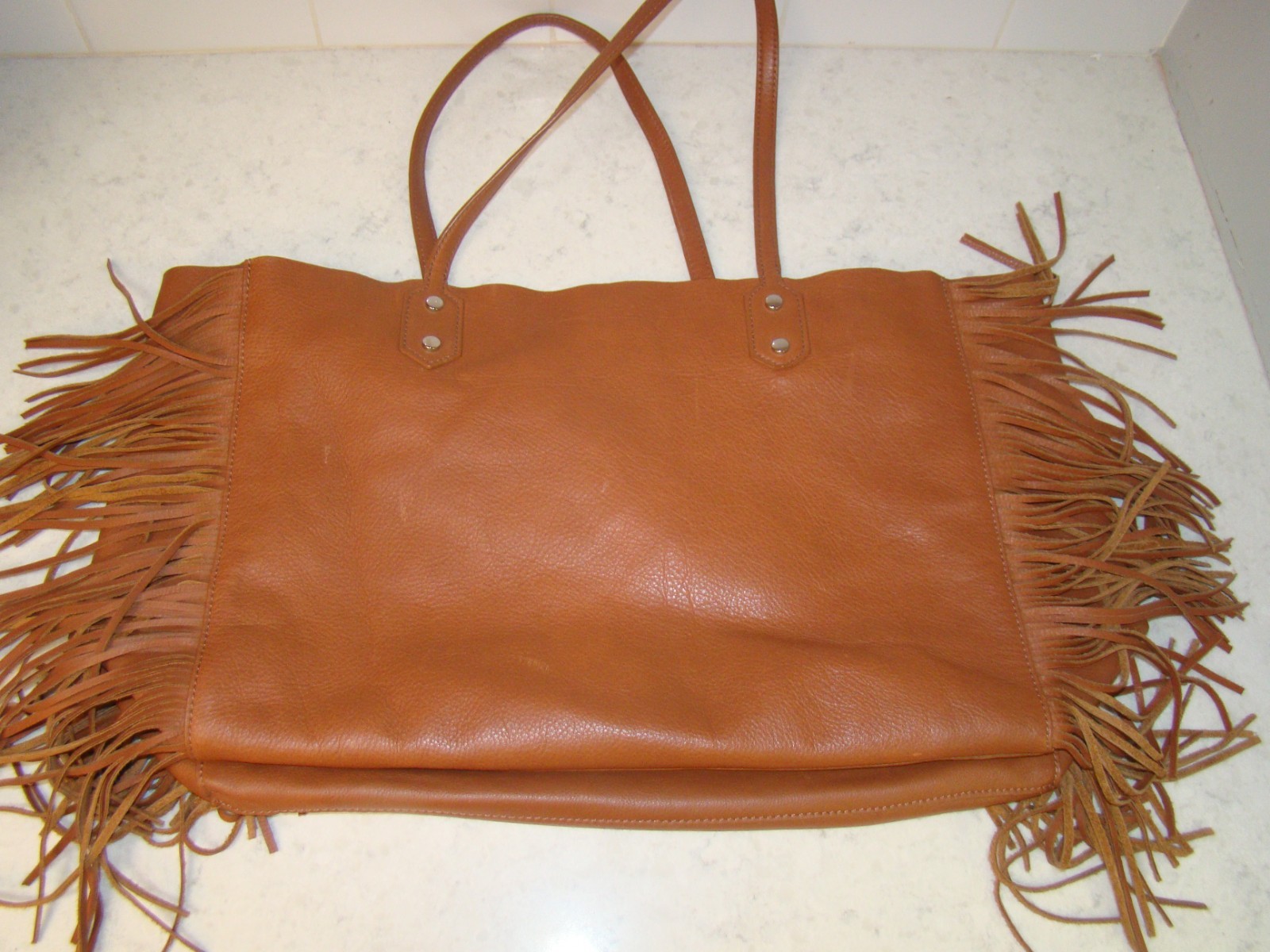 Sam Edelman Camel/Brown Payton Leather Fringe Hippi Tote 16”x12”x6″