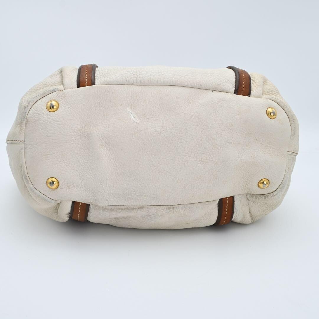 PRADA White Leather 2Way Handbag Shoulder Bag Gold Logo Charm 32cm Authentic