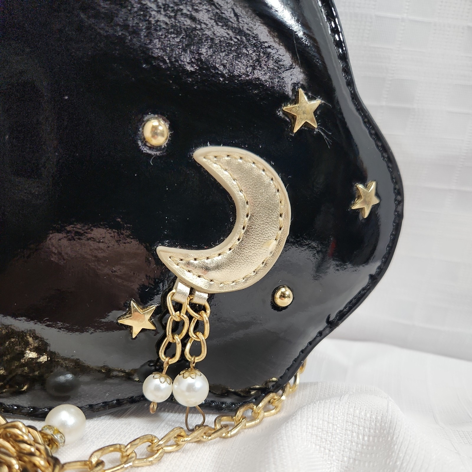 Black Patent Bag Chain Strap Zip Close, Small cloud shaped moon, stars & pearls