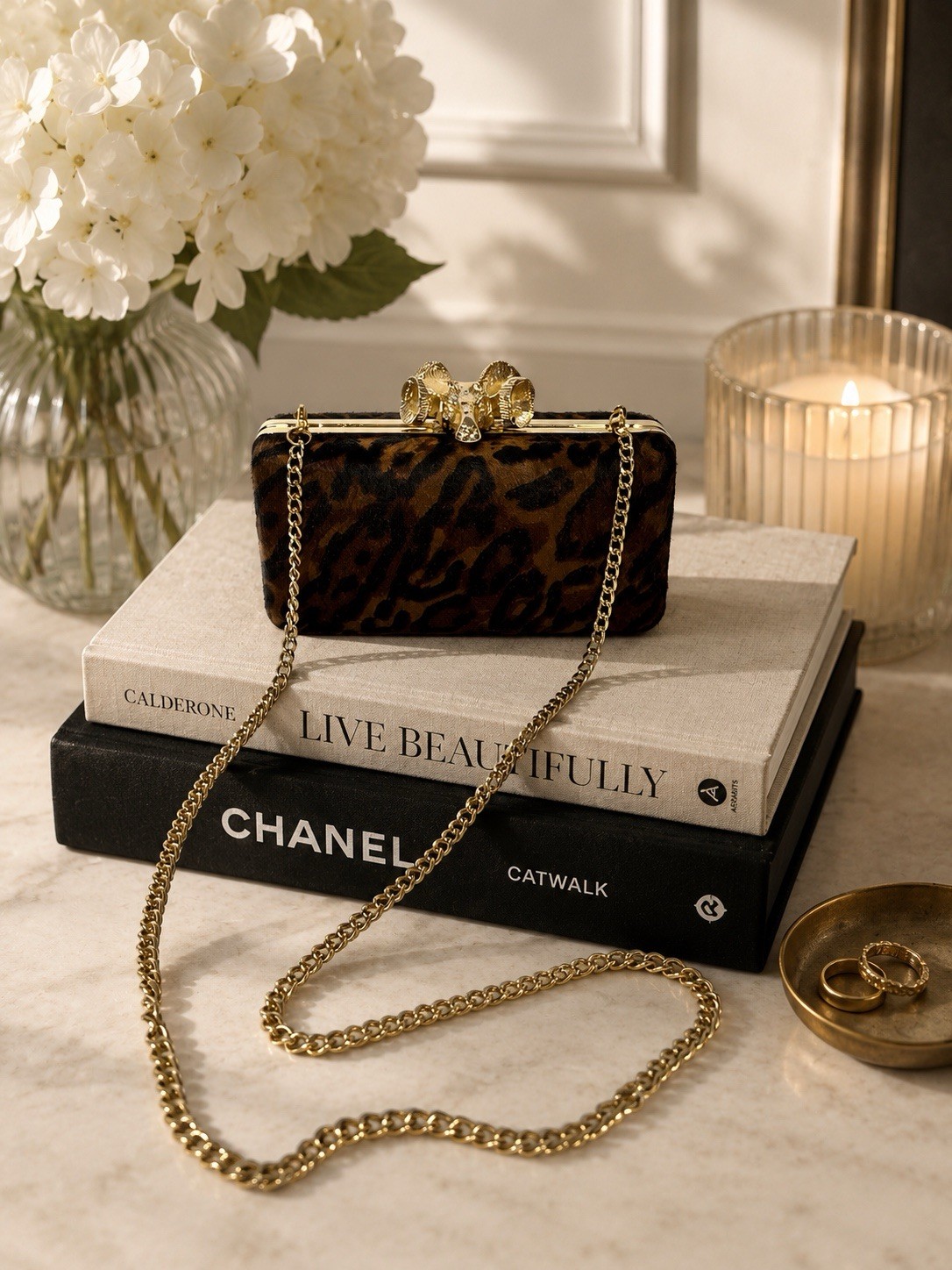 C Wonder Leopard Print Calf Hair Clutch Purse Gold Ram Head Clasp Chain Strap