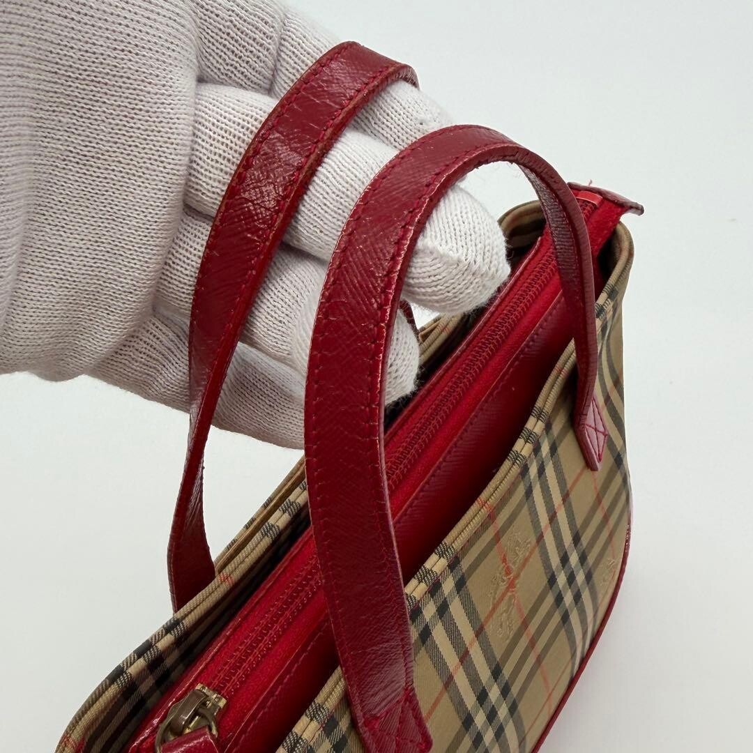 Burberry Red Nova Check Canvas Leather Tote Bag Horse Logo Vintage Self Standing