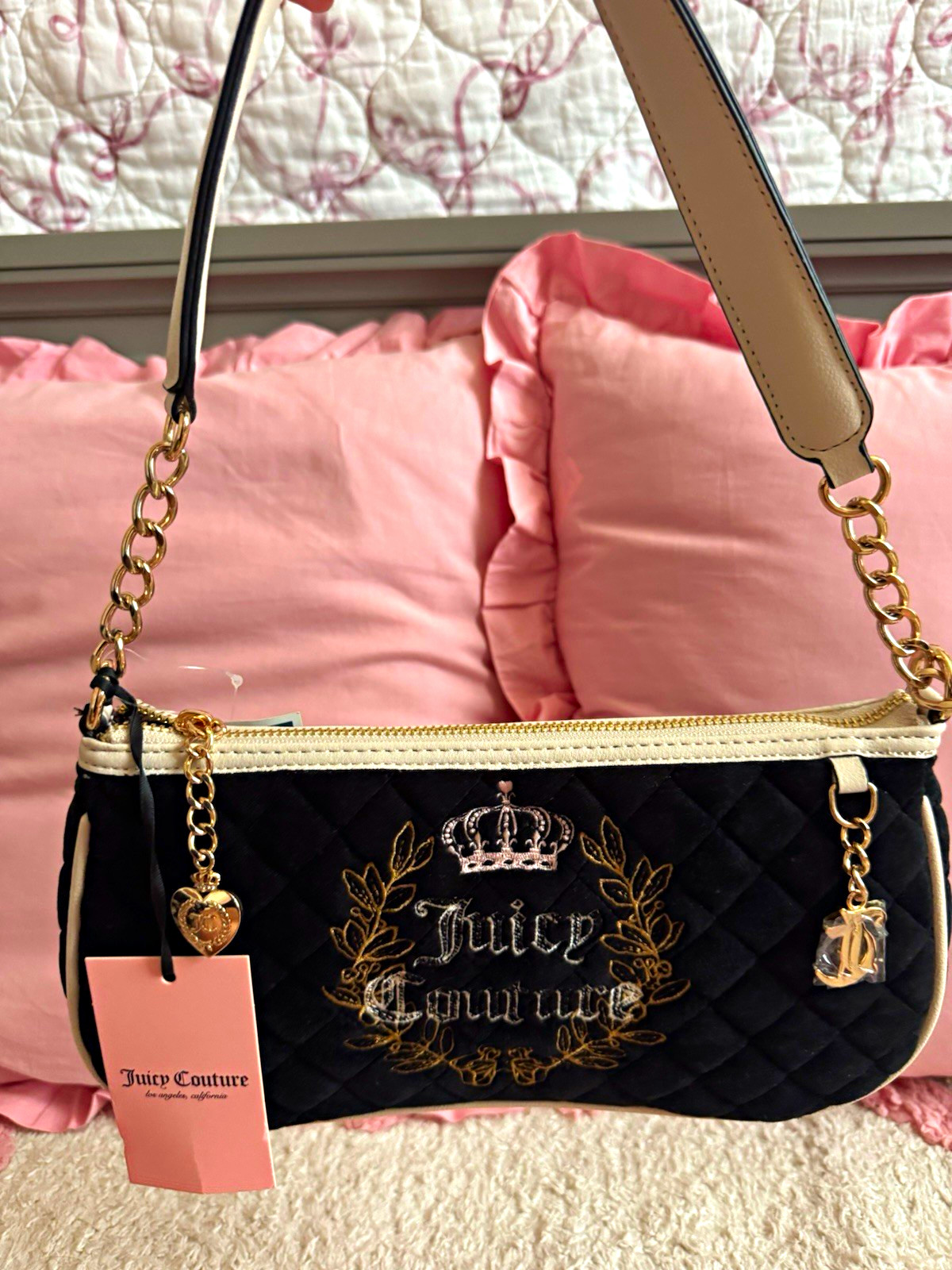 Juicy Couture Black Quilted Logo Small Shoulder Bag Gold Chain Strap Charm