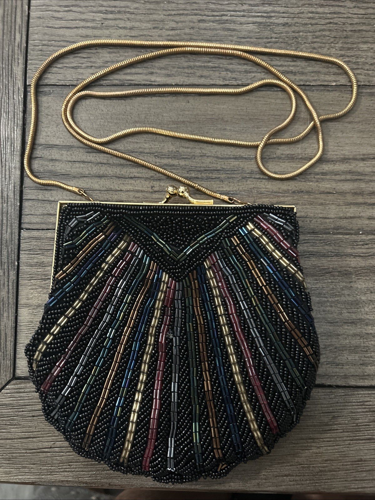 Carla Marchi Black Beaded Clam Shell Evening Bag Long Chain Crossbody Purse