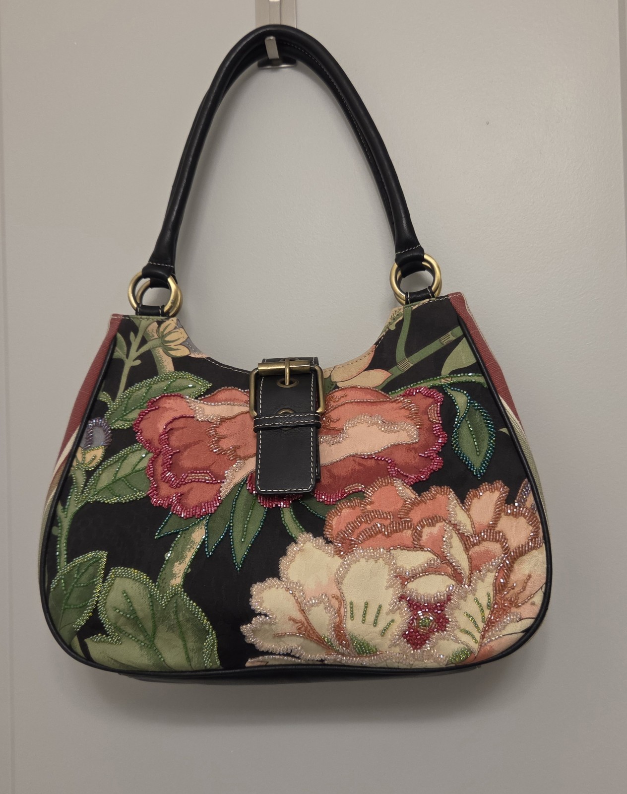Isabella Fiore Vintage Y2K Era Glass Beaded Floral Hobo Shoulder Bag