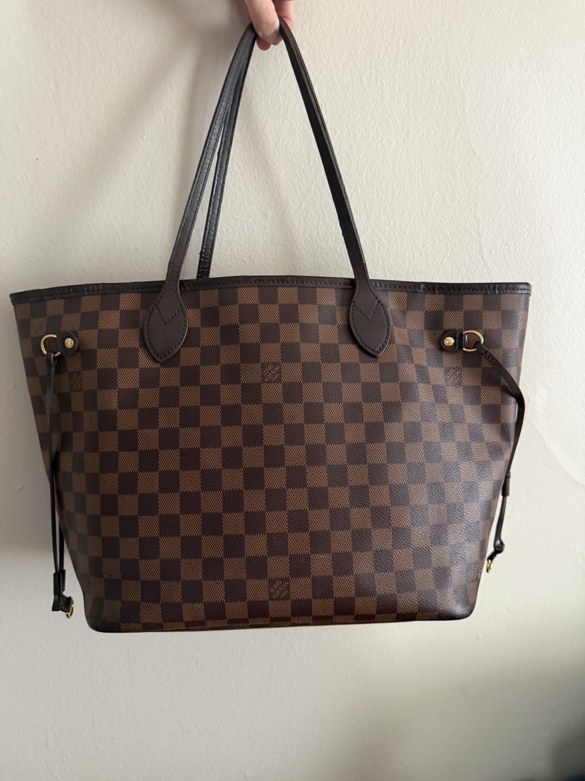 Louis Vuitton Neverfull MM Damier Ebene Tote Bag Red Lining Pouch Gold HW