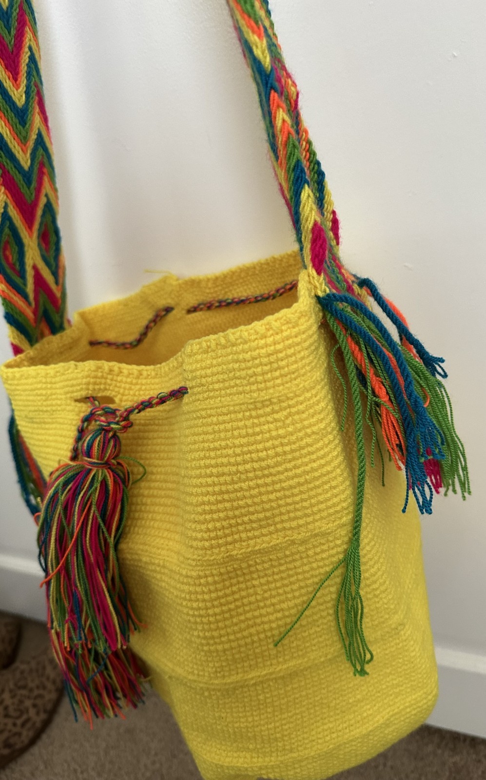 Mexican Woven Shoulder Bag Yellow Multicolor Tassel Boho Folk Art Purse
