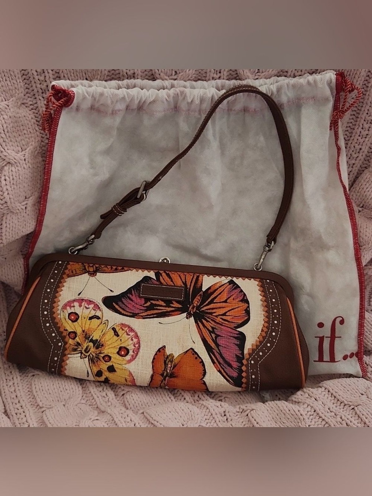 Vintage Isabella Fiore leather, linen and beaded butterfly clutch