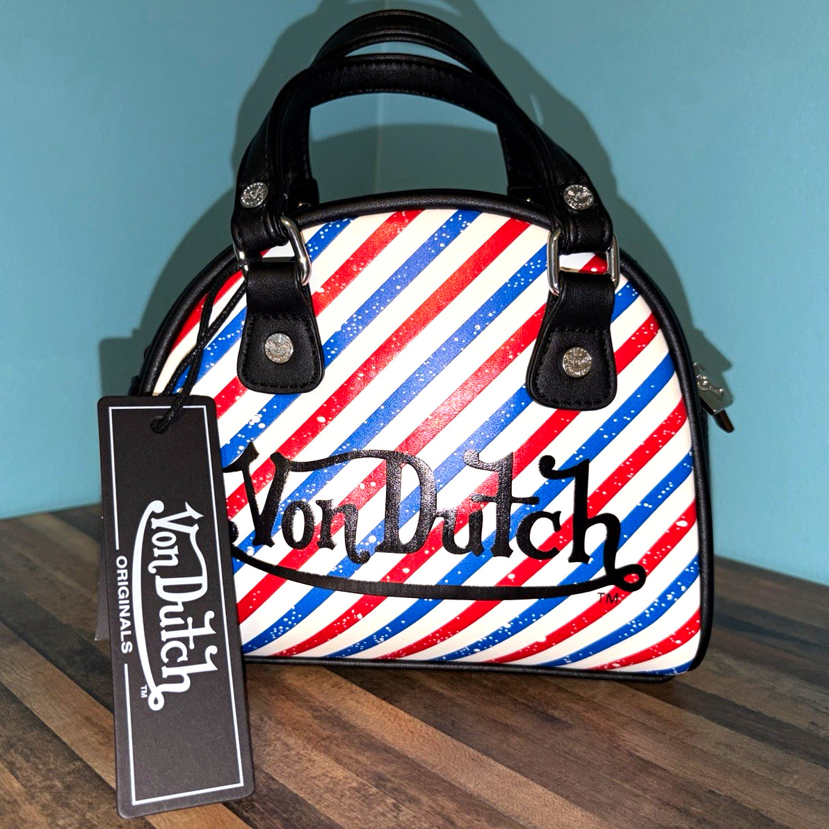 Von Dutch Bowling Bag Style Satchel Top Handle Zip Bag Red/White/Blue NWT!