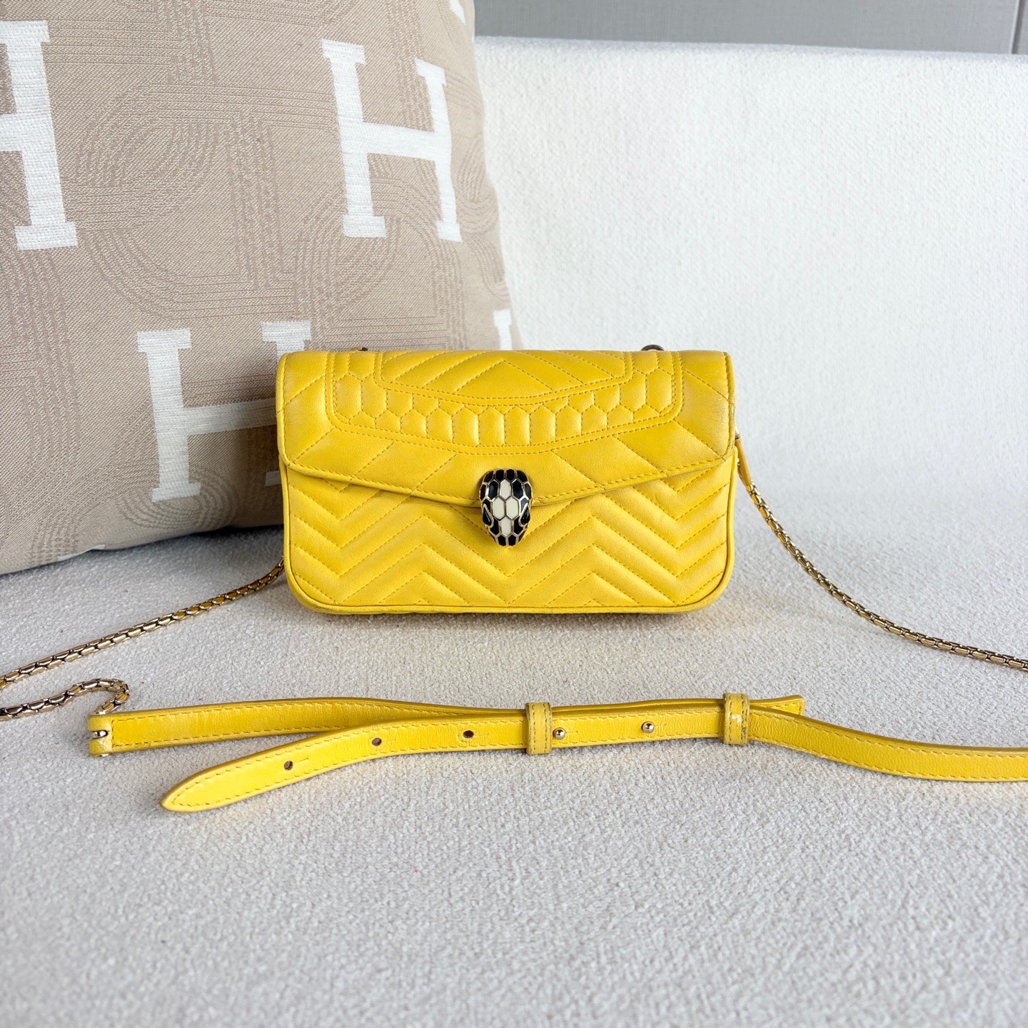 Bvlgari Serpenti Forever Double Layer Crossbody Yellow Calfskin Snake Head Bag