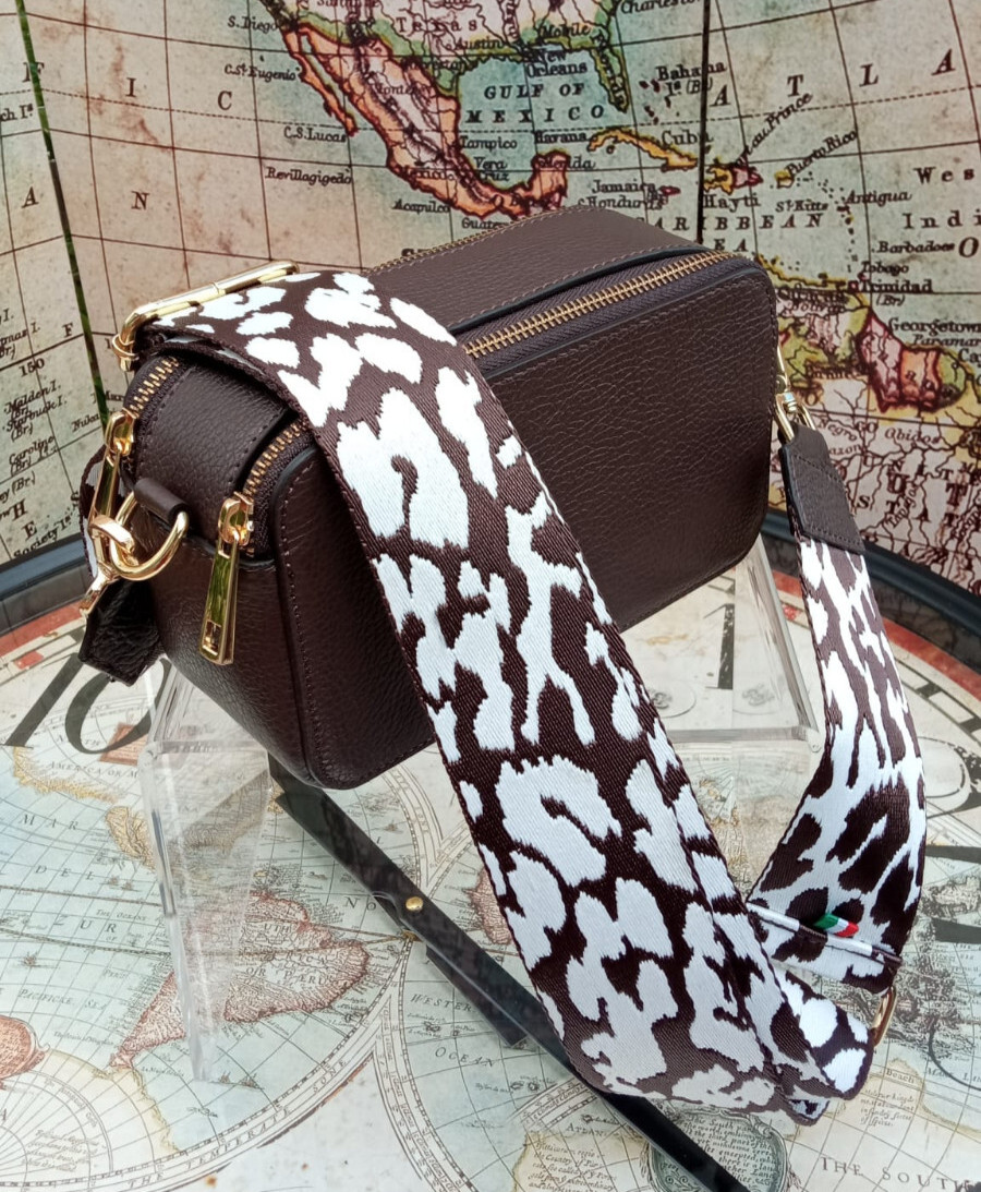 Mini bag Li Ly genuine leather brown with fabric shoulder strap free