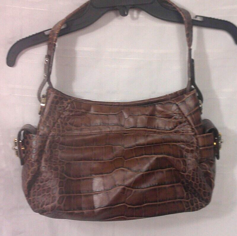 B Makowsky Brown Leather Alligator Embossed Handbag Tote Purse Bag