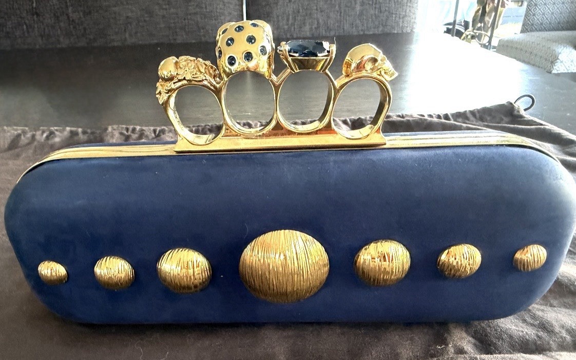 Alexander McQueen Blue Suede Skull Knuckle Clutch Gold Hardware Studded Dust Bag