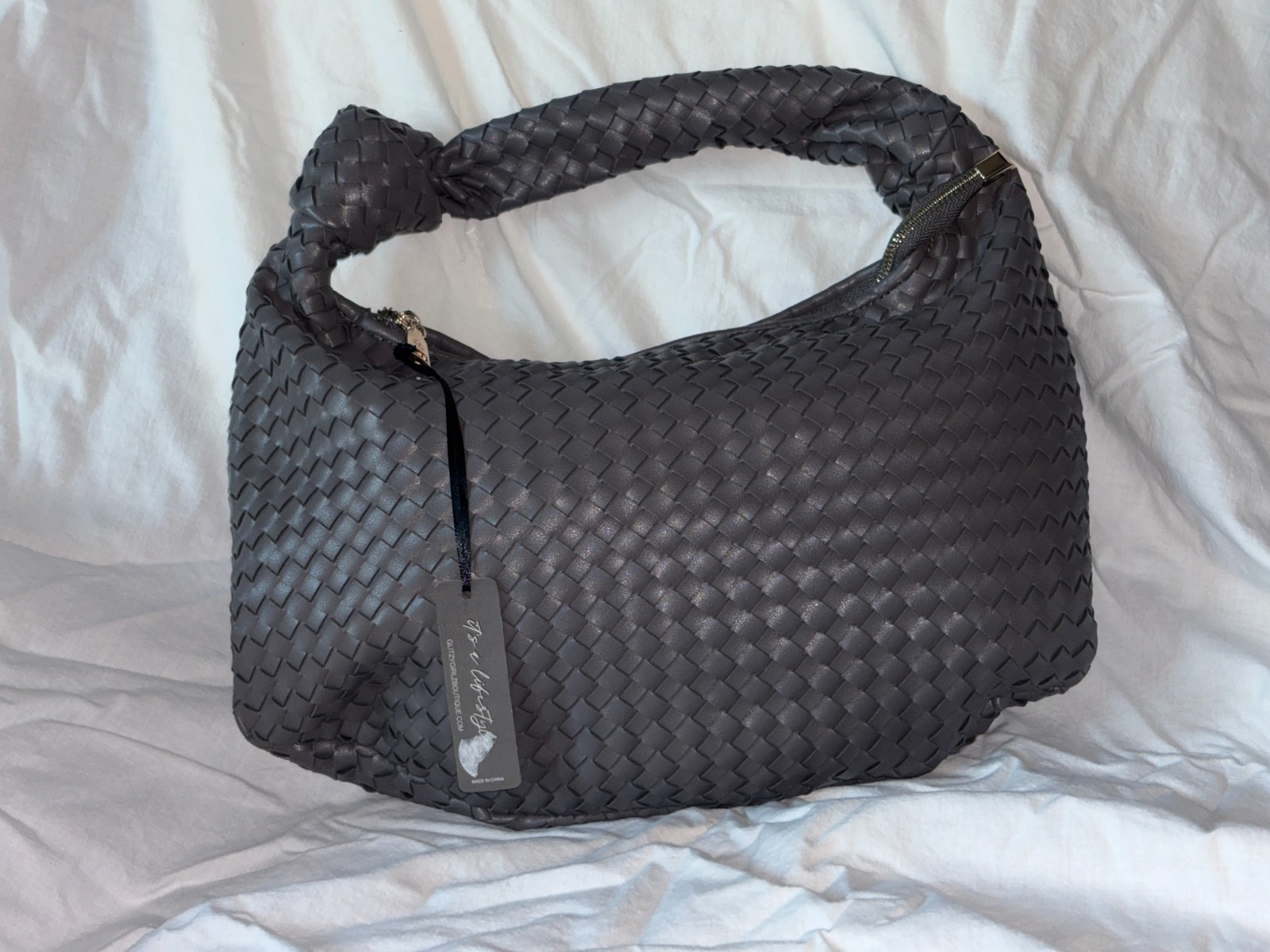 Glitzy Girlz Grey Over the Shoulder Faux Letter Weaved Degin with Large Interior