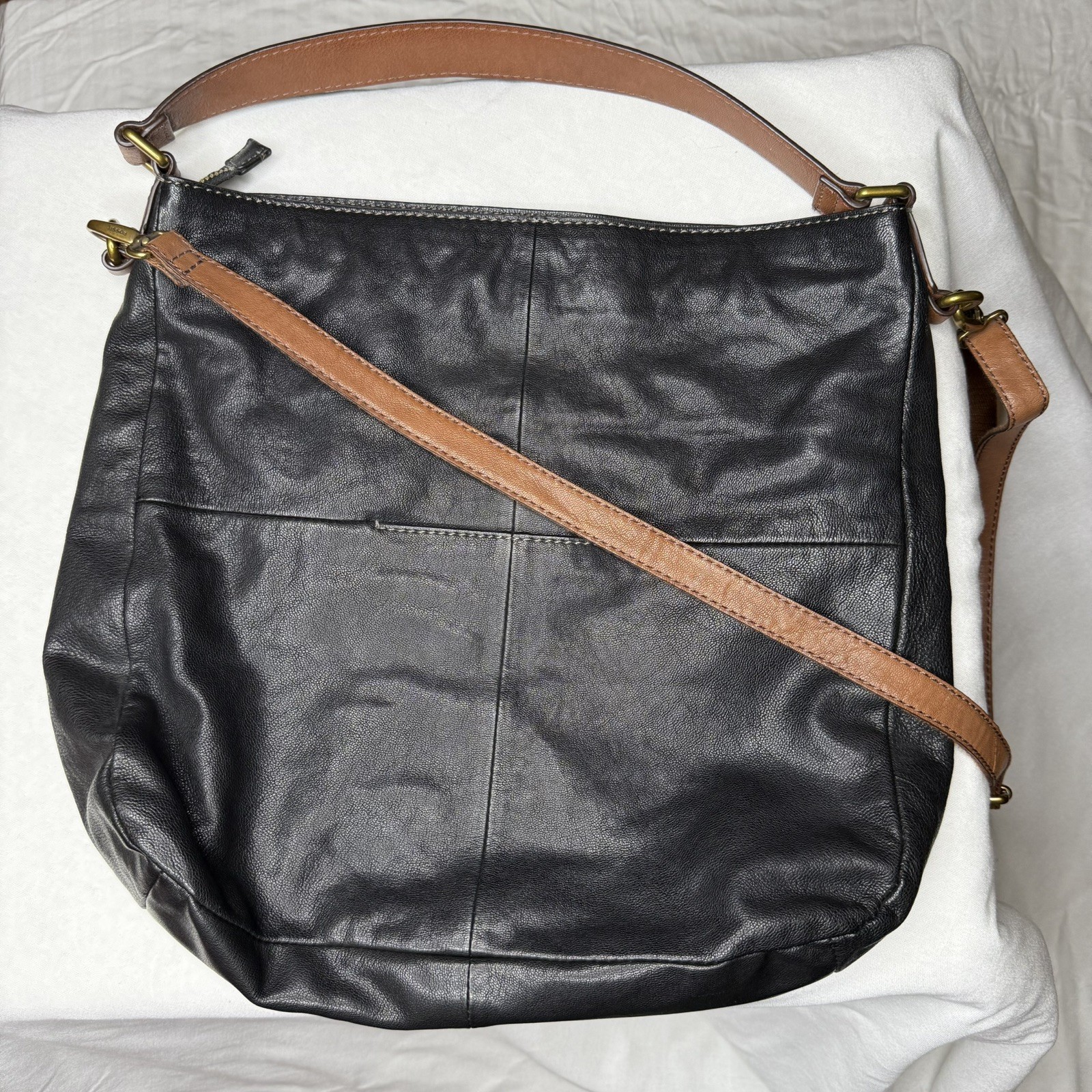 Fossil Purse Black Corey Messenger Hobo Tote Leather Crossbody Adjustable Strap