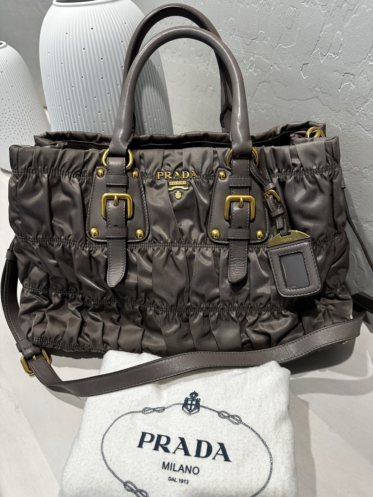 PRADA Gray Ruched Satchel Top Handle Bag w/ Detachable Strap Gold Hardware
