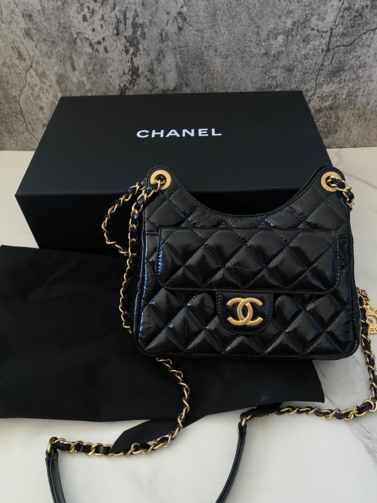 Pre-Owned CHANEL Small Hobo Crossbody Bag Shiny Calfskin Handbag Bags Black GHW