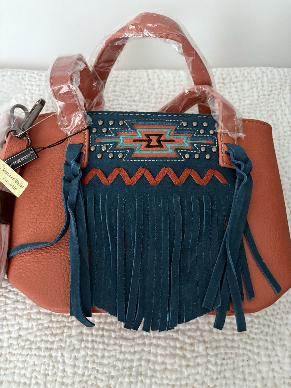 MW1214-923OR Montana West Aztec Orange & Blue Studded Bag Suede Tassels NWT