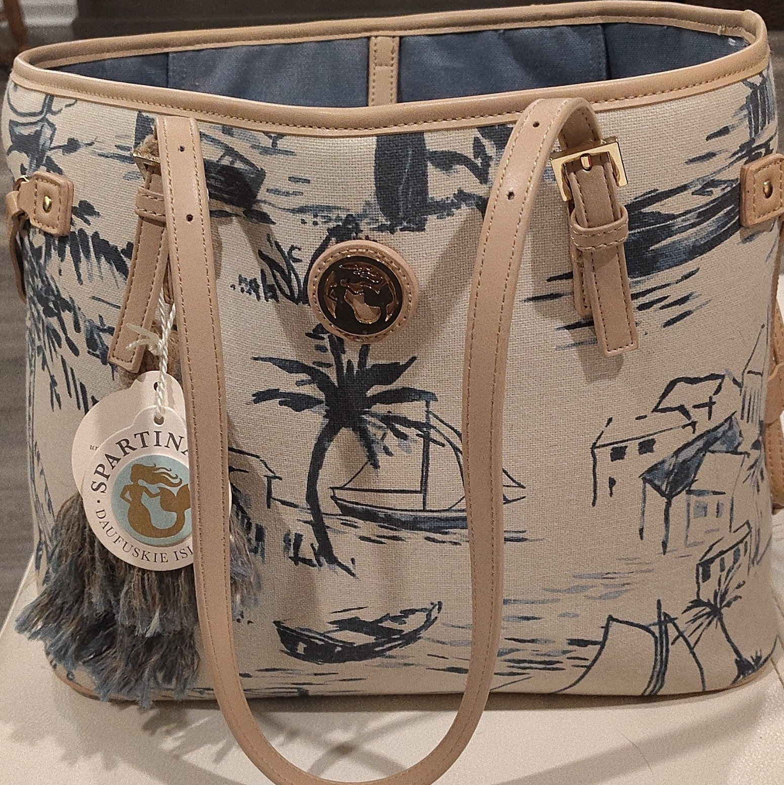 Spartina 449 Large Tote Bag Beige/Blue Scenic Print Mermaid Tassel Charm