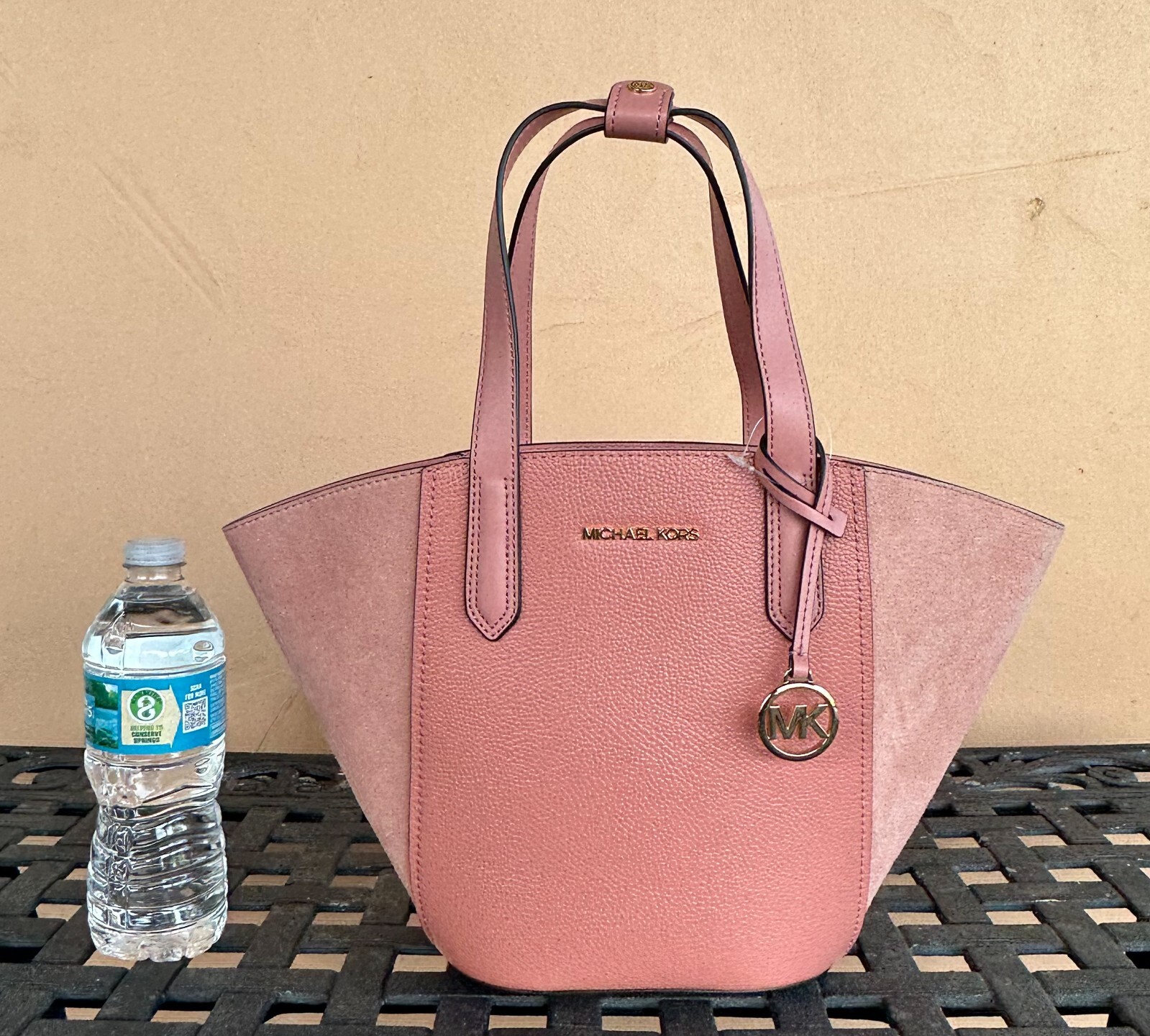 MICHAEL KORS PORTIA SMALL BUCKET TOTE SUEDUE PEBBLED LEATHER BAG SUNSET ROSE