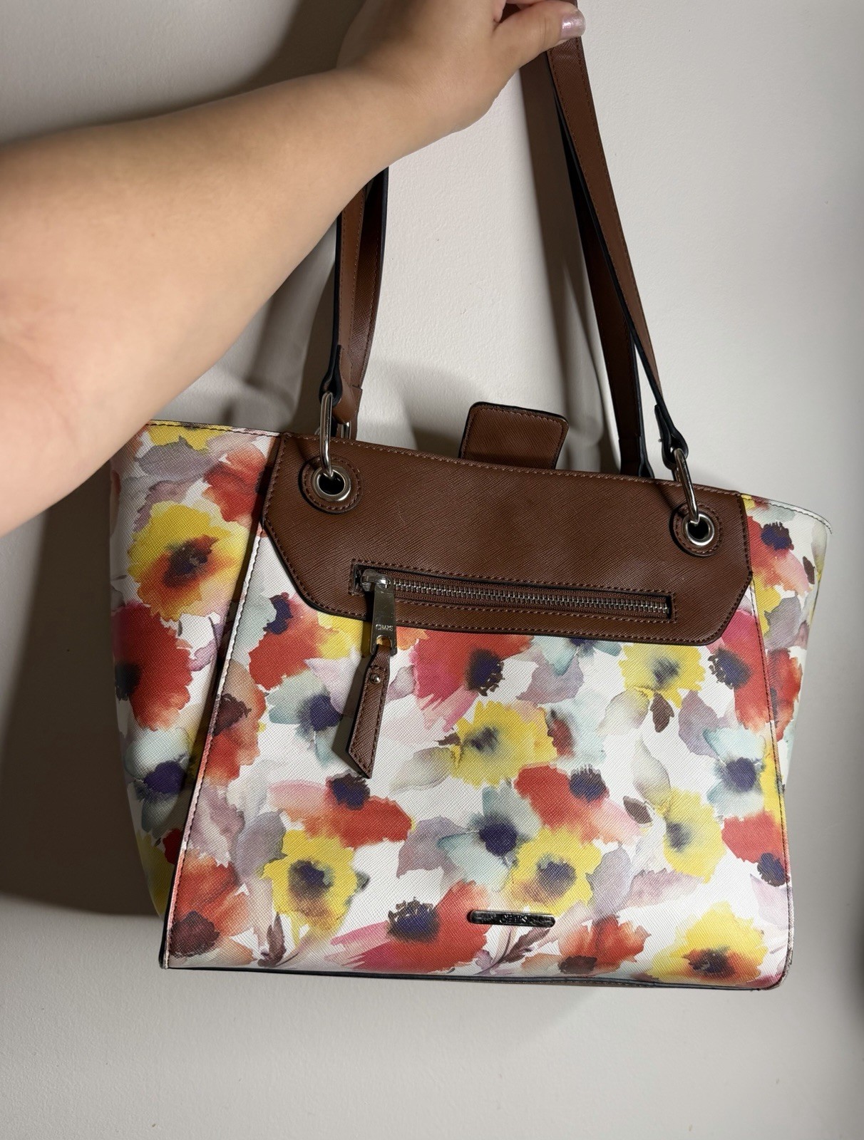 Chaps Multicolor Floral Tote Bag Zip Closure Silver Hardware Double Handles