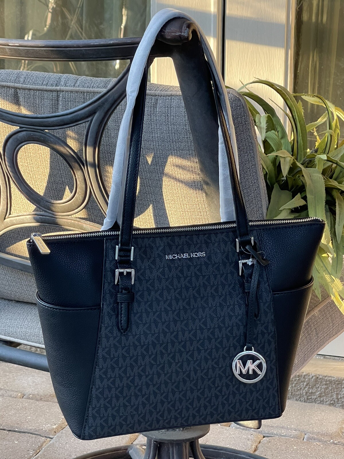 MICHAEL KORS CHARLOTTE MEDIUM LARGE ZIP TOTE SHOULDER BAG BLACK MK LOGO SILVER
