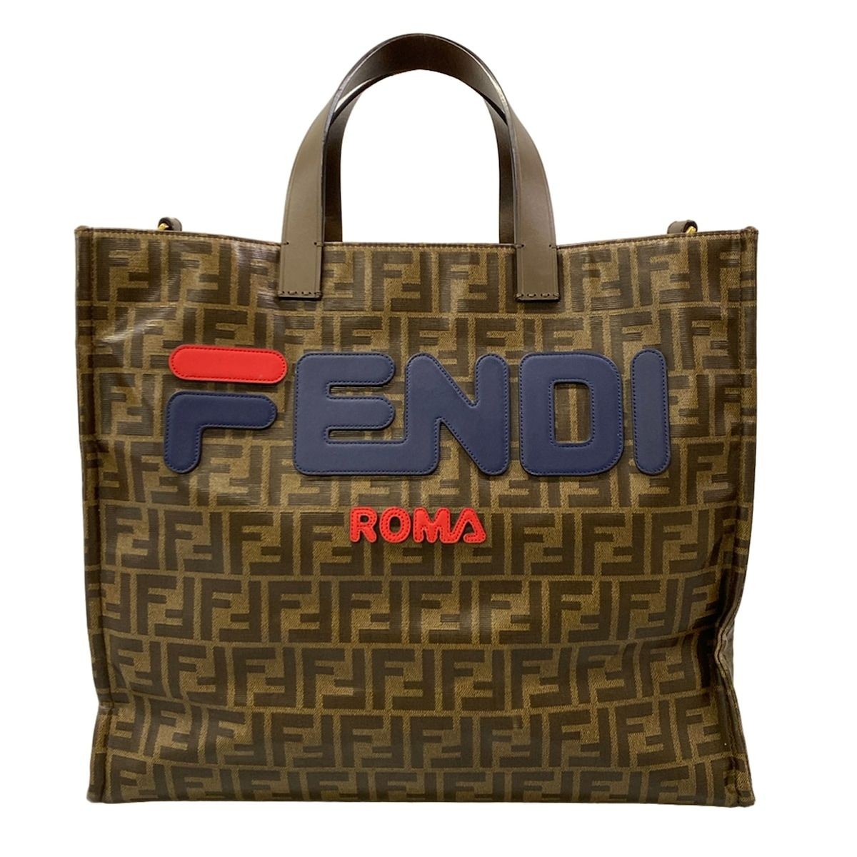 FENDI × FILA Fendi Mania 8BH357 Zucca Brown Tote Bag FF Logo Vintage Auth