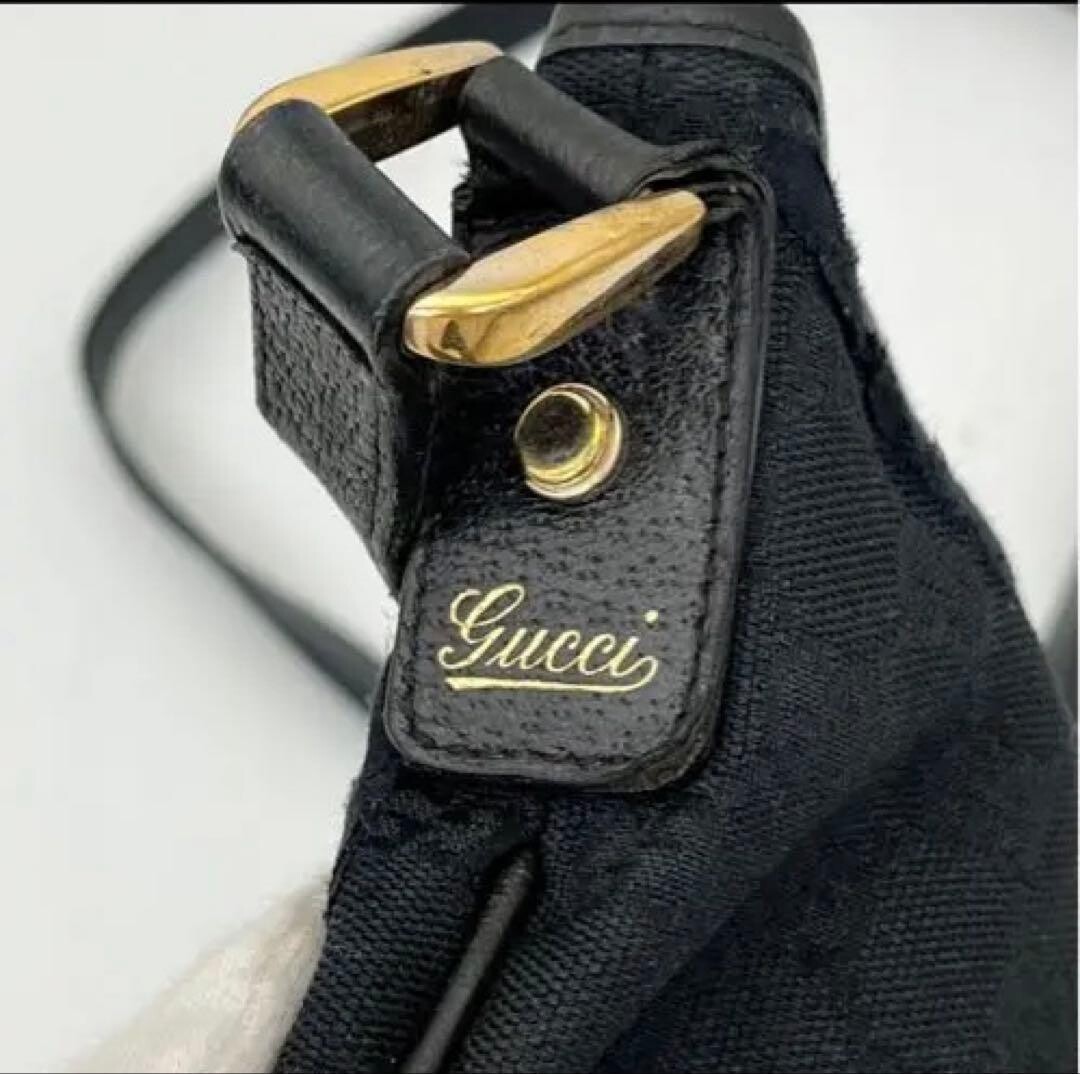 GUCCI GG Canvas Flat Shoulder Bag Black Leather Crossbody Messenger 131326 Purse