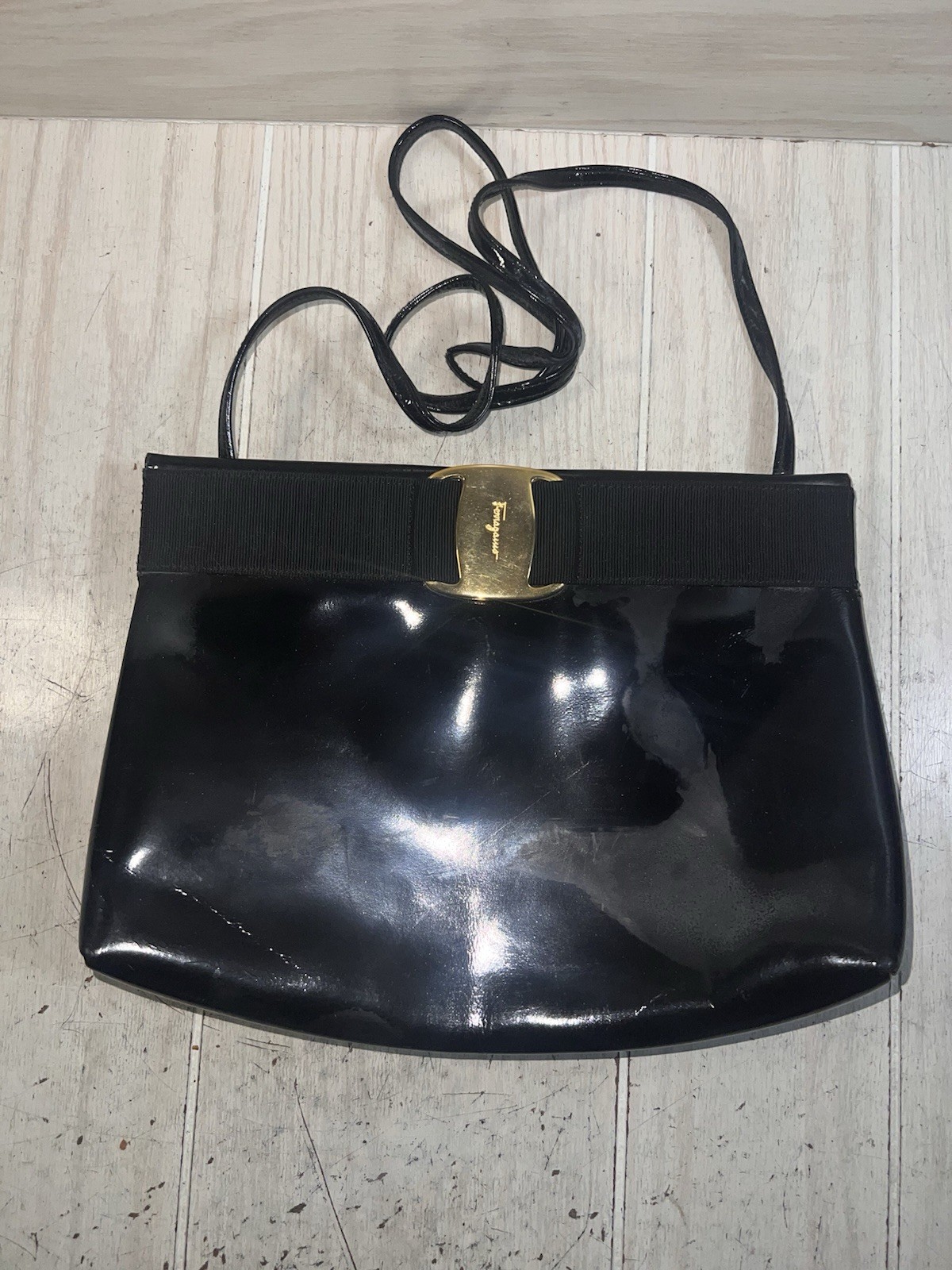Salvatore Ferragamo Vara Bow Shoulder Bag 10.2 inch Black As Is Parts Or Repair