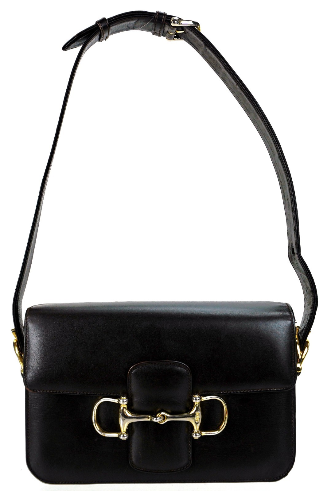 Vintage CELINE Brown Leather Gold Horsebit Satchel Shoulder Bag Italy Excellent