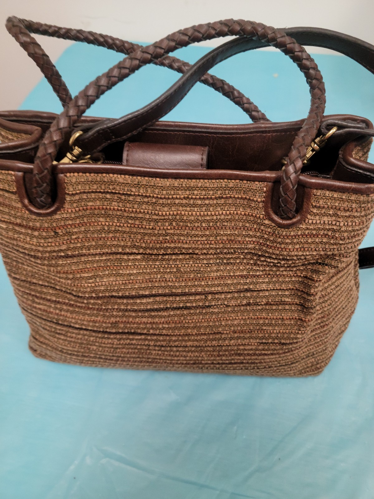 Vintage Relic Brown Woven Handbag Braided Handles And Shoulder Strap