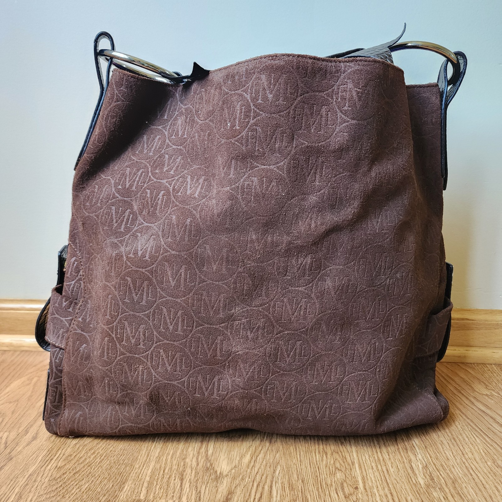My Flat In London Purse Large Handbag Brown Suede Bow Handle Hobo Bag Embossed