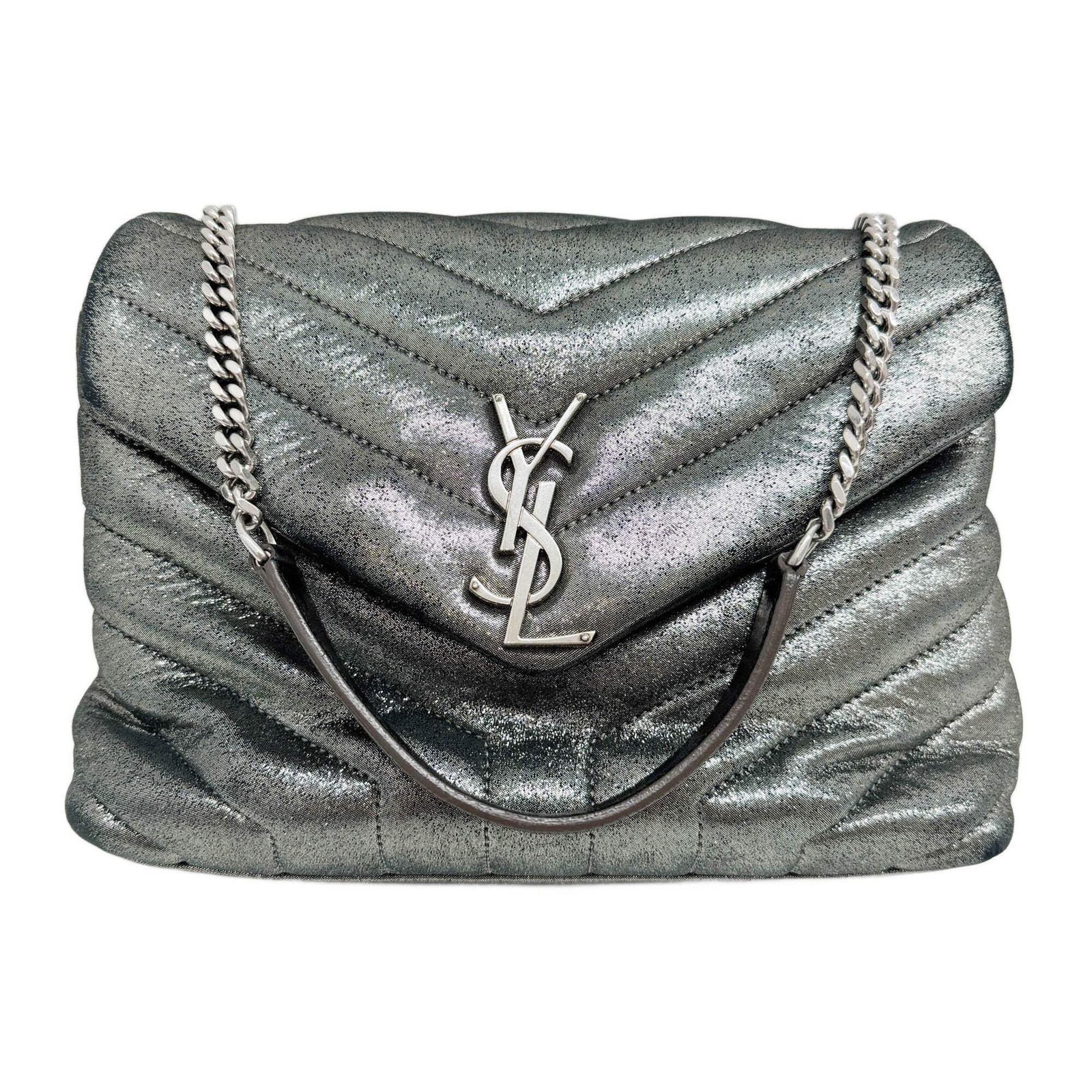 SAINT LAURENT Loulou Metallic Grey Leather Shoulder Bag