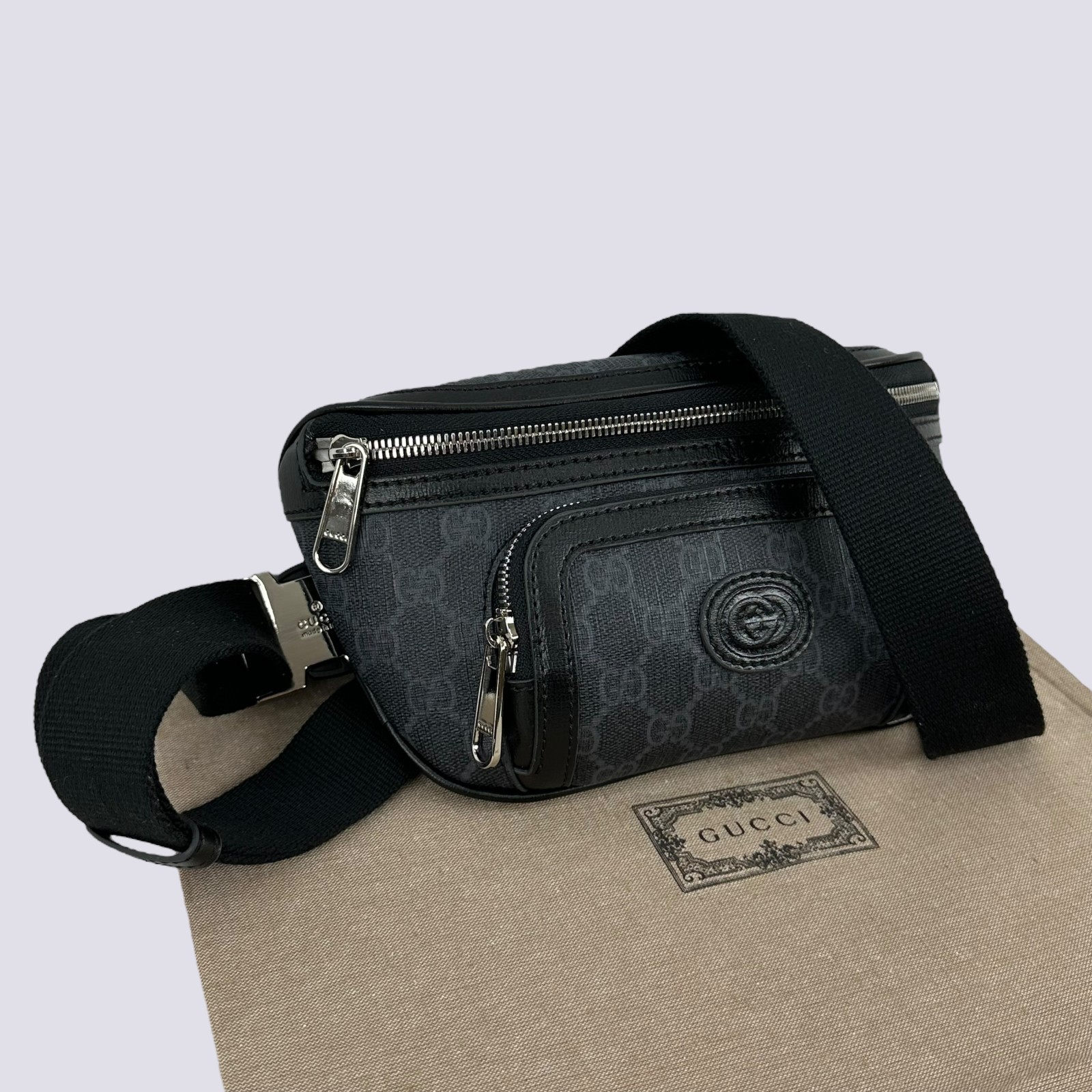 Gucci GG Monogram Interlocking G Canvas Leather Crossbody Belt Bag Black 682933