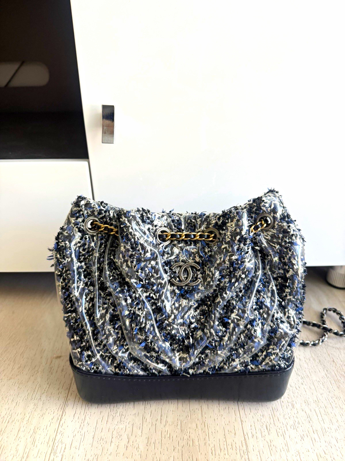 CHANEL Drawstring Chain Backpack Blue Black White Gold Hardware Quilted