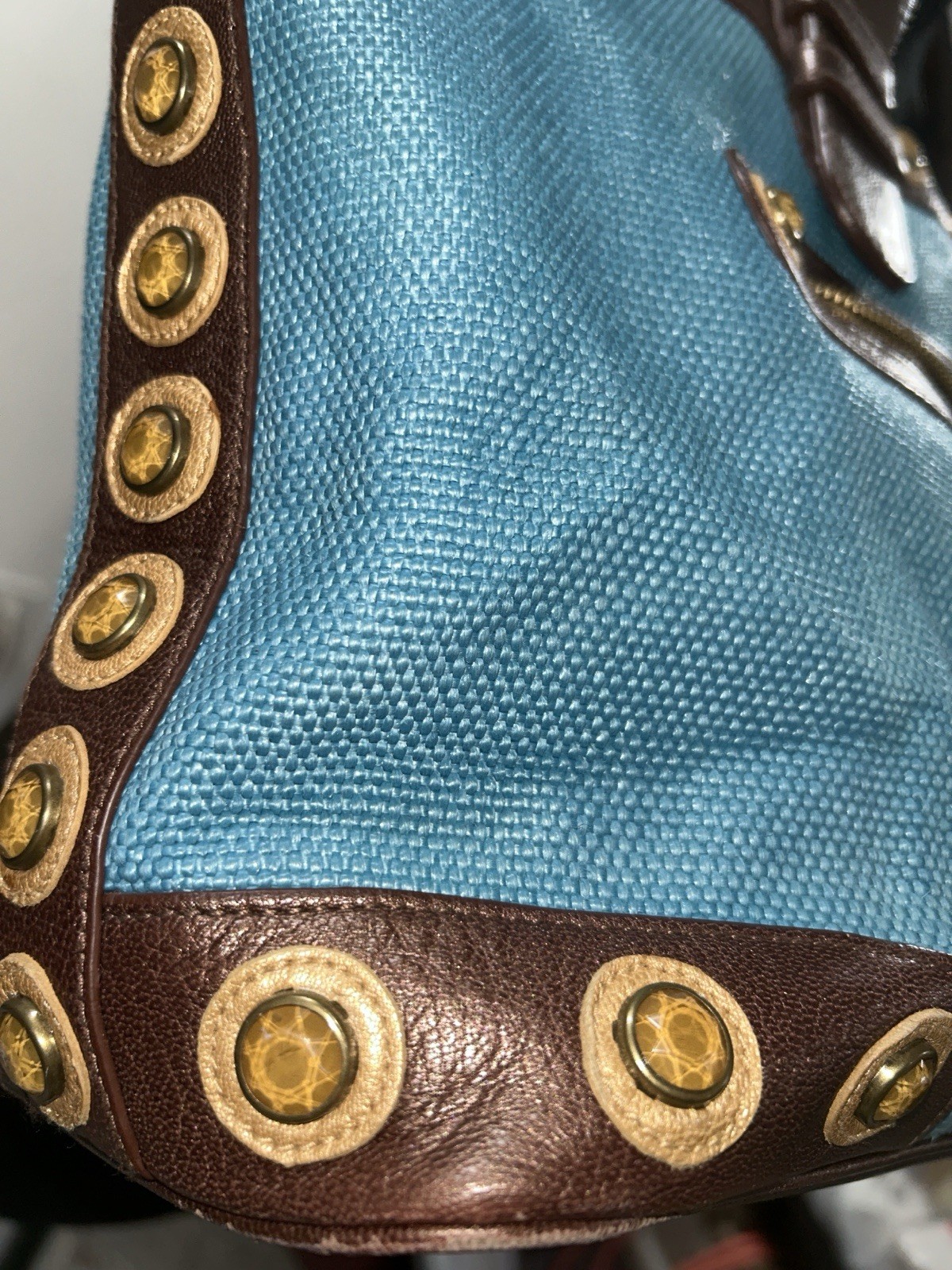 Isabella Fiore Large Teal And Brown Jeweled Tote.