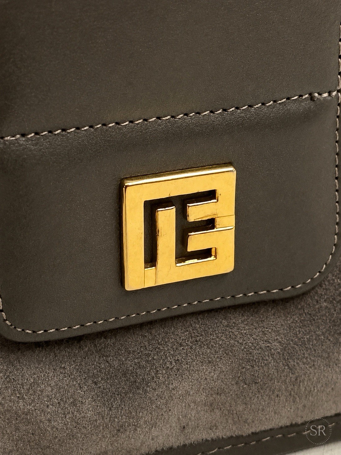 VTG Pierre Balmain Gray Suede Leather Clutch Bag Gold Logo Hardware France 1970s