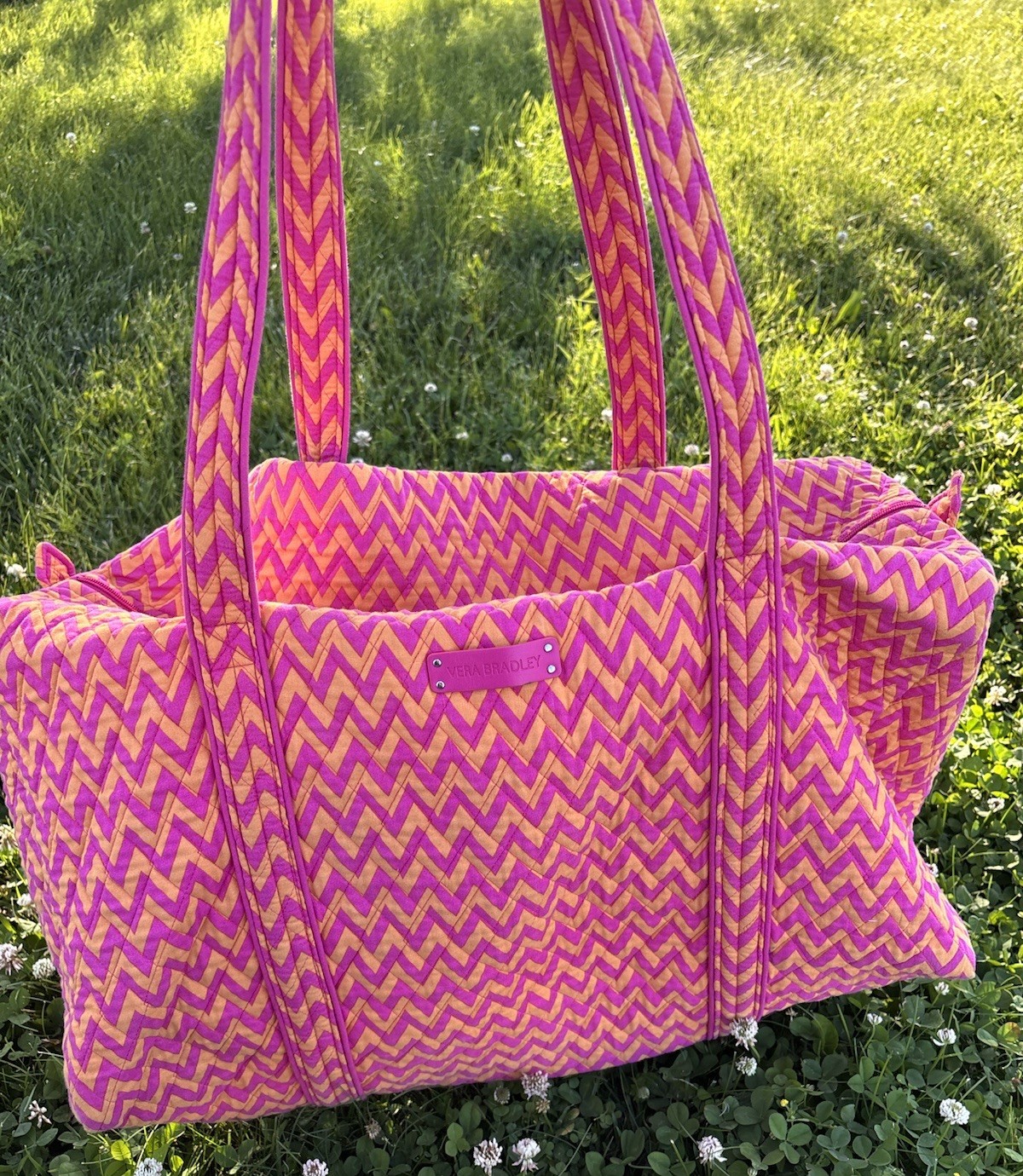 Vera Bradley Duffle Ziggy Zags Pink Orange Quilted Cotton Fabric Travel