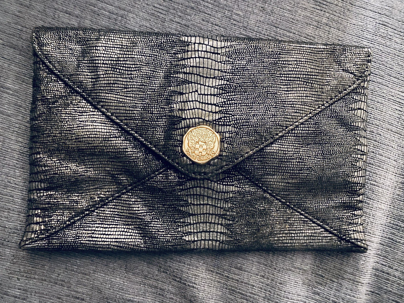 NWT Vince Camuto Gunmetal Leather Snake Embossed ( 6x9inch) Envelope Bag/ Snap