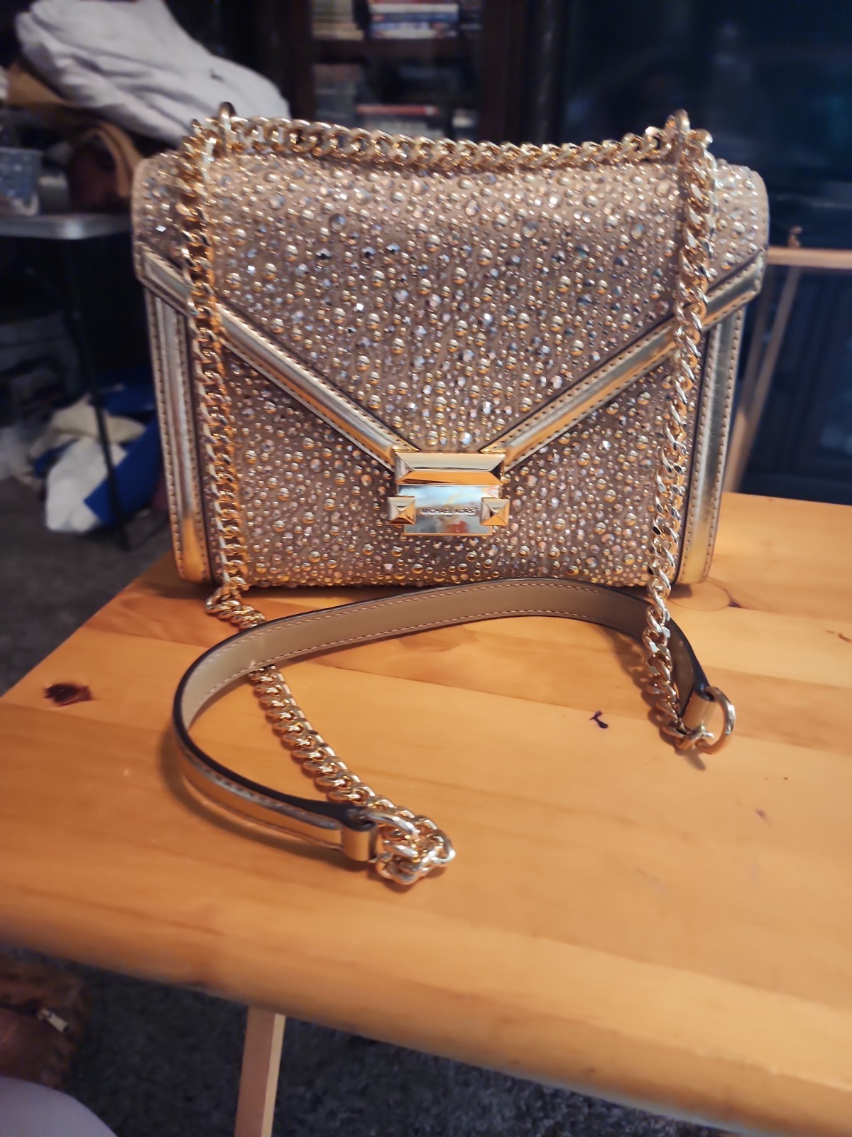 Michael Kors Studded Pale Gold Metallic Shoulder Bag with Gold Chain Strap, NWT
