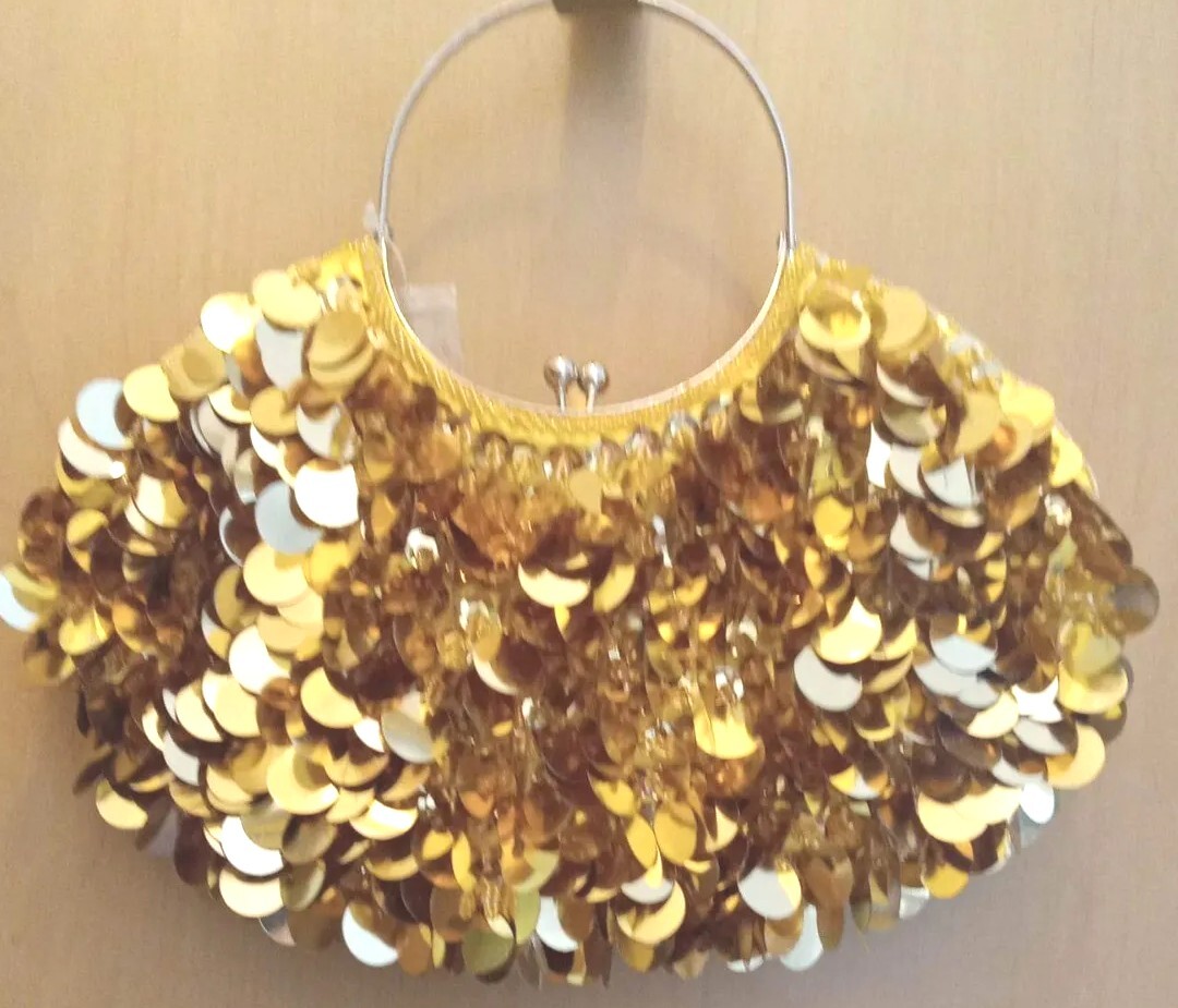 Purse, Max Mayer,Large Gold Sequins,and tiny Pearls, Single Silver Handle.