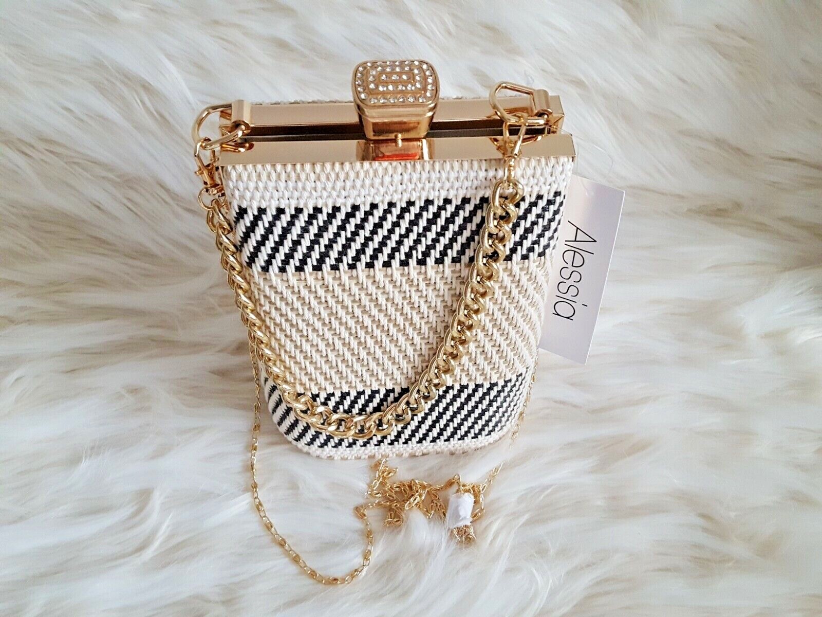 NWT Alessia Convertible Frame Bag Purse, Chain, Shiny Patent Bone or Beige/Black